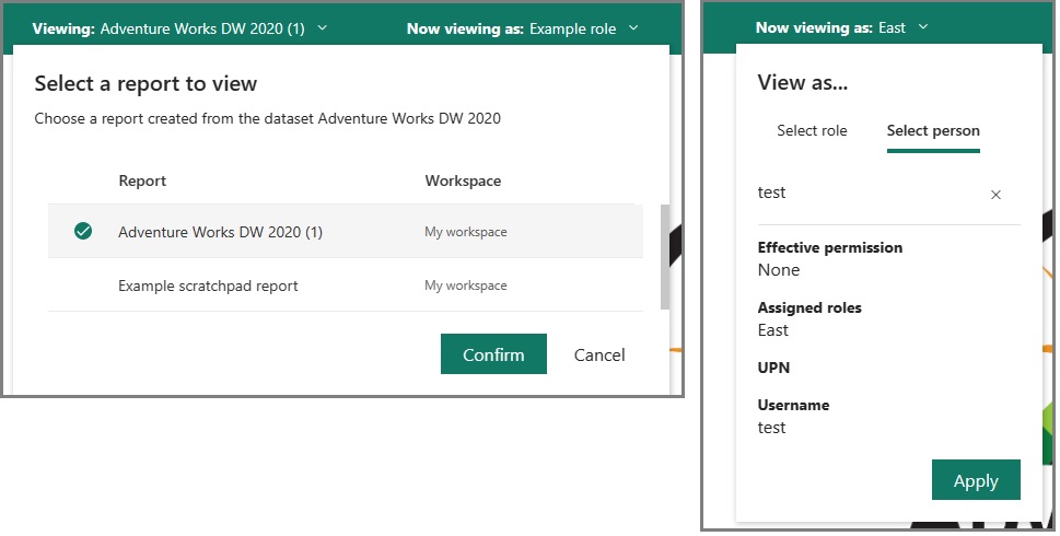 Novo menu suspenso ao lado esquerdo para testes em nível de linha e ao lado direito está a nova janela de detalhes de permissão do usuário do Power BI.