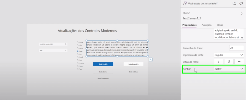 Com a atualização do Power Apps agora é possível escolher como alinhar o texto: a direita, esquerda, centralizado ou justificado.