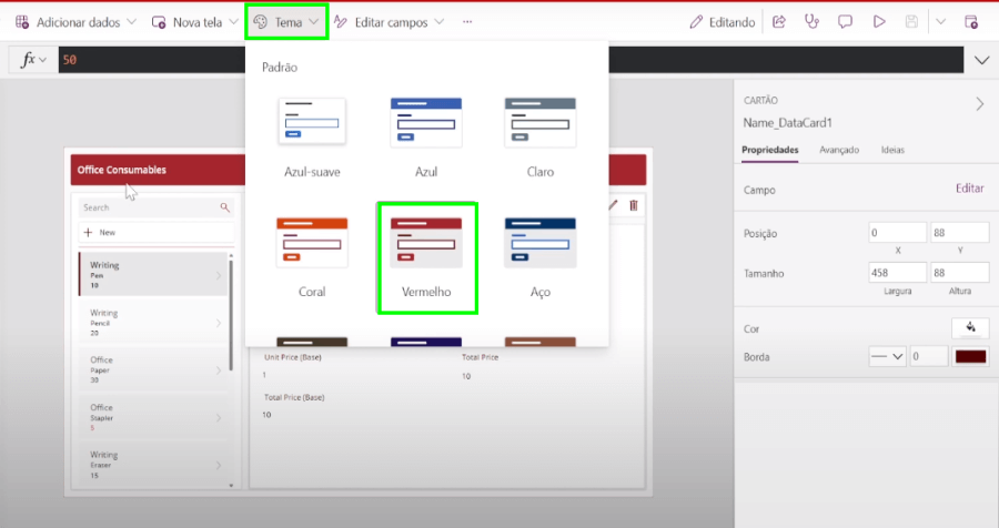 Área "Tema" no menu superior do Power Apps, para trocar a cor do tema do aplicativo.