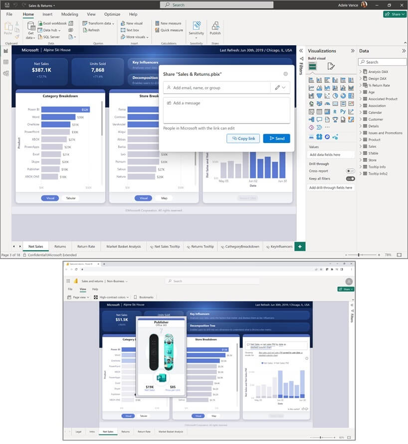 Duas imagens, uma acima da outra, da interface de um relatório do Power BI que estava salvo no OneDrive ou no SharePoint, demonstrando como é possível compartilhá-lo com a equipe diretamente do Power BI Desktop.