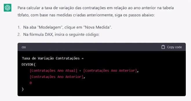 Medida DAX para o Power BI gerada pelo ChatGPT para calcular a taxa de variação das contratações em relação ao ano anterior.