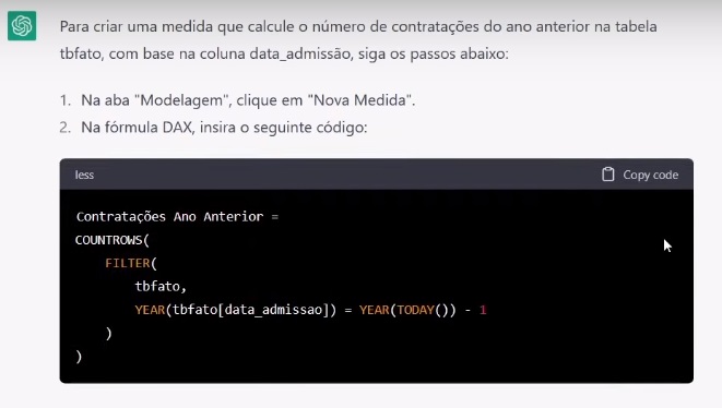 Print de medida DAX gerada pelo ChatGPT para calcular o número de contratações realizadas no ano anterior.