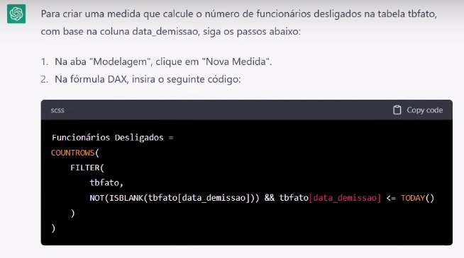 Medida DAX gerada pelo ChatGPT para calcular o número de funcionários desligados.