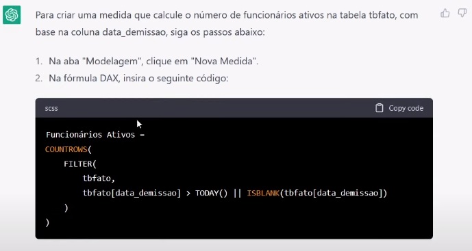 Medida DAX gerada pelo ChatGPT para calcular no Power BI o número de funcionários ativos.