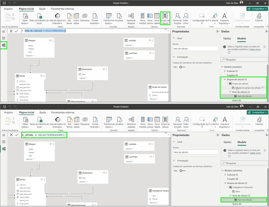 Dois prints de tela um acima do outro, o primeiro representando como criar um grupo de cálculo pelo Model Explorer e o segundo como criar itens de cálculo em um grupo de cálculo.