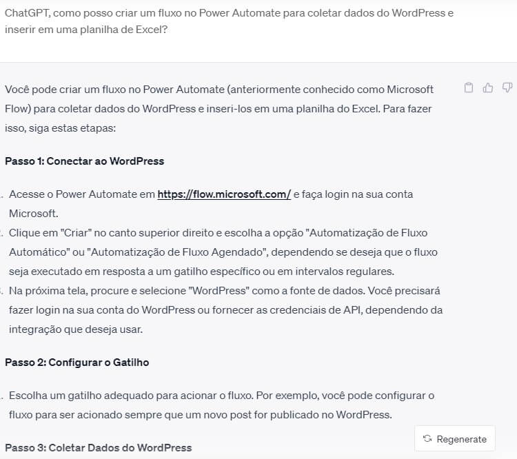 Print de um chat no ChatGPT no qual foi solicitado auxílio para criar um fluxo automatizado no Power Automate e o ChatGPT forneceu as etapas.