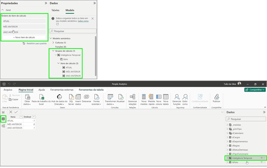 Dois prints de tela, um acima do outro, sendo o primeiro mostrando como visualizar e ordenar os itens de cálculo no painel de propriedades e o segundo mostrando como visualizar o grupo e os itens de cálculo no menu de dados.