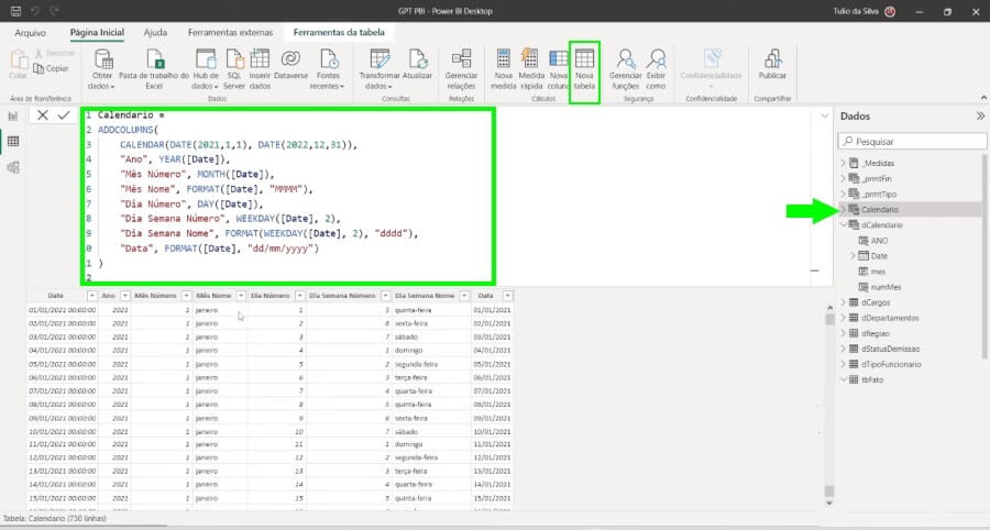 Como colar no Power BI o código gerado pelo ChatGPT para criar tabela de calendário.