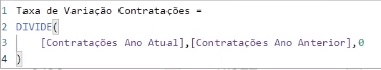 Medida DAX gerada pelo ChatGPT para calcular a porcentagem de contratações já realizadas no ano atual, em relação ao ano anterior.