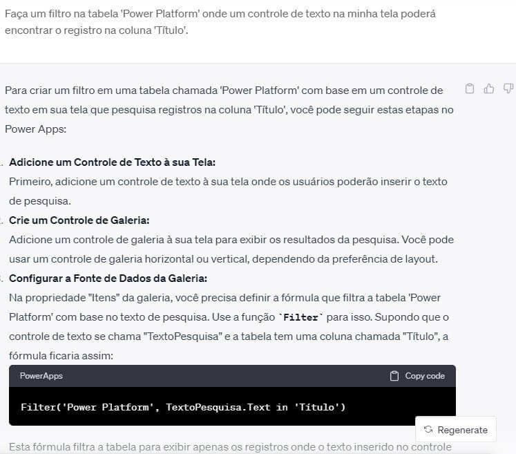 Print de tela de um chat no ChatGPT onde a ferramenta gerou uma fórmula para filtrar dados em uma tabela no Power Apps.