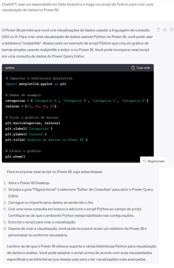 Print de tela de um chat no ChatGPT onde foi solicitado que a IA gerasse um script em Python para o Power BI.