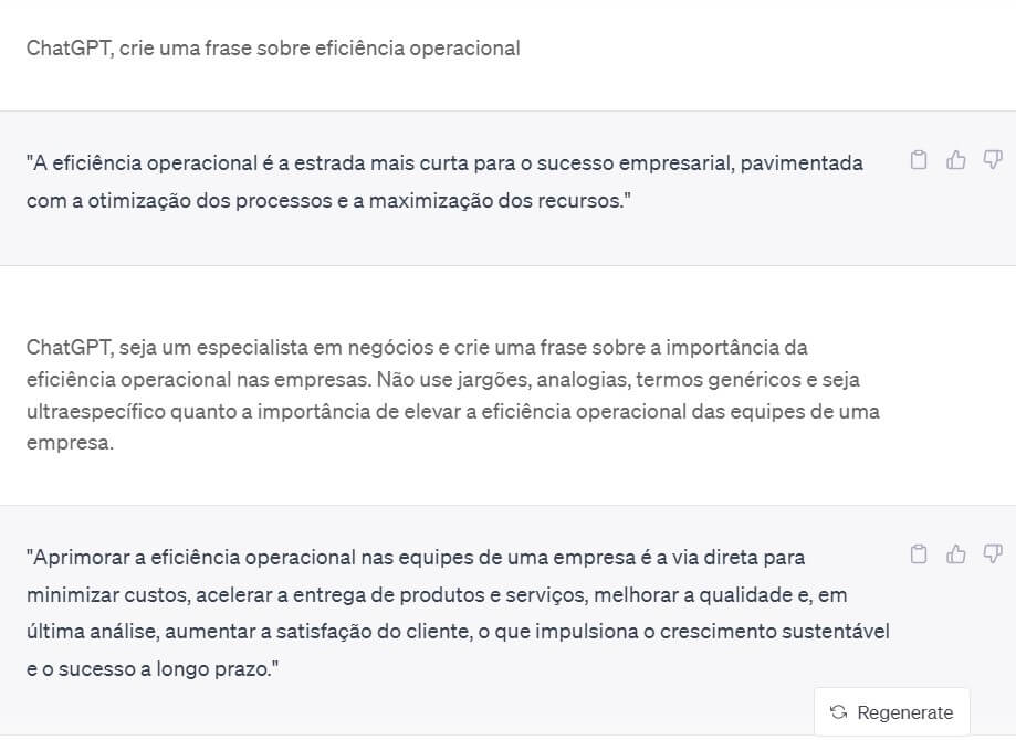 Print de um chat no ChatGPT com dois exemplos de prompt: o primeiro mais genérico e o segundo mais específico e detalhado.