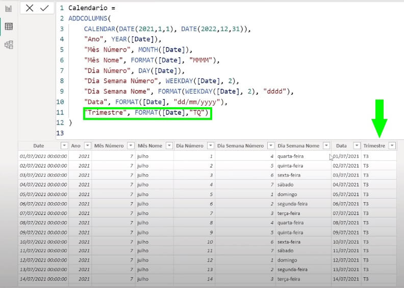 Código para adicionar coluna do trimestre na tabela de calendário.