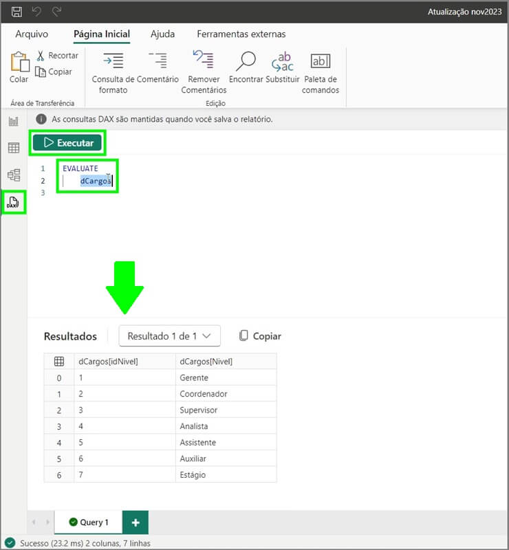 Print de tela de como usar a nova guia "visualização de consultas DAX", usando a função "EVALUATE" para consultar dados em uma tabela de dados.