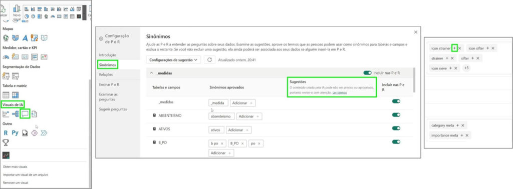 Passo a passo em três etapas de como obter sugestões do Copilot para sinônimos nos visuais de perguntas e respostas, o Q&A, e acatá-las ou recusá-las.