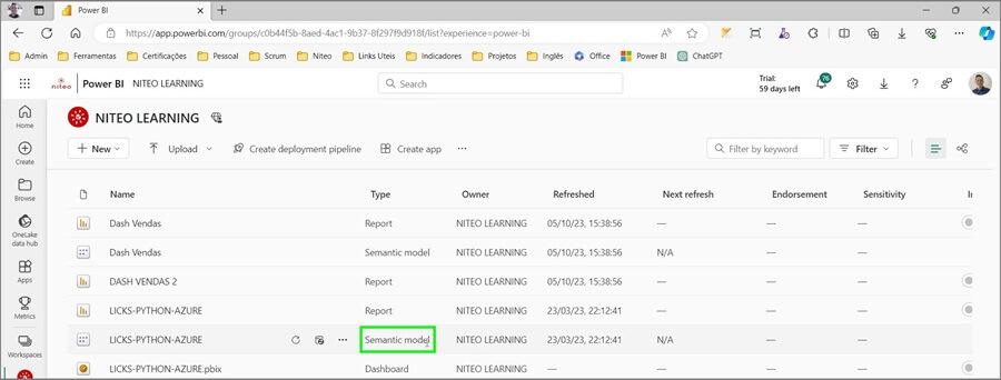 Exibição da nova nomenclatura dos conjuntos de dados no Power BI SaaS para "modelos semânticos", ou "semantic model".