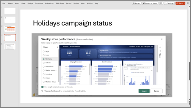 Apresentação do Power Point com um slide em evidência que tem o título "Status das campanhas de feriados" e no corpo do slide está uma página de um relatório do Power BI com os dados da campanha.