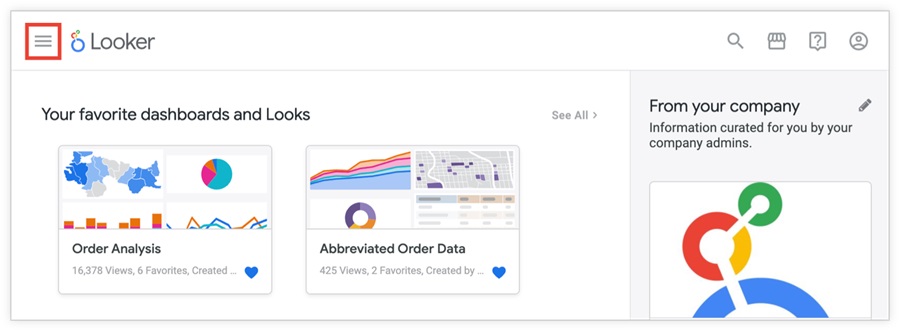 Menu da plataforma Looker, onde é possível visualizar dashboards e relatórios favoritos, informações da organização e abrir novas guias.