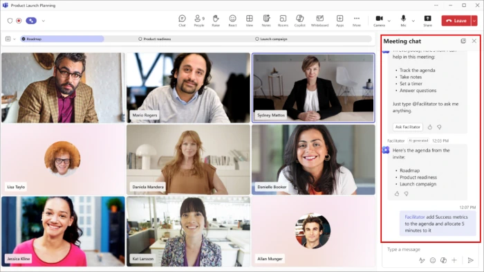 Captura de tela de uma reunião de vídeo do Microsoft Teams com oito participantes visíveis em blocos. No canto superior direito, o painel "Meeting chat" (Chat da reunião) exibe as capacidades do Copilot, incluindo uma mensagem gerada por IA que resume a agenda e as próximas etapas, rotulada como "AI generated" e um comando para o "Facilitator".