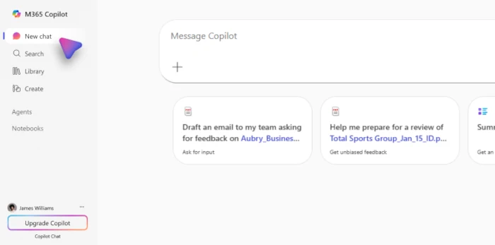 Interface do Microsoft 365 Copilot exibindo o campo de chat, sugestões de prompts para e-mails e análise de documentos, e menu lateral com opções de biblioteca e criação.