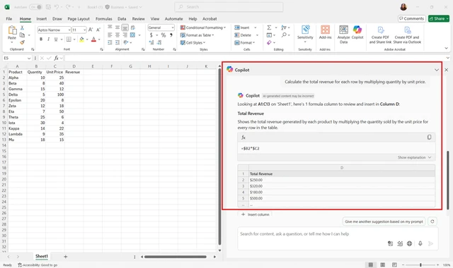 Interface do Microsoft Excel com uma planilha de vendas aberta à esquerda e o painel lateral do Copilot à direita. O Copilot sugere uma nova coluna de fórmula para calcular a "Receita Total" multiplicando as colunas de quantidade e preço unitário, exibindo a fórmula matemática e uma prévia dos resultados em uma tabela.