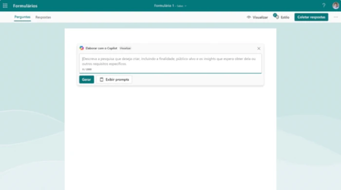 Captura de tela da interface do Microsoft Forms em português com a janela "Elaborar com o Copilot" aberta. A janela contém um campo de texto que solicita ao usuário a descrição da pesquisa, finalidade e público-alvo, acompanhado dos botões "Gerar" e "Exibir prompts".