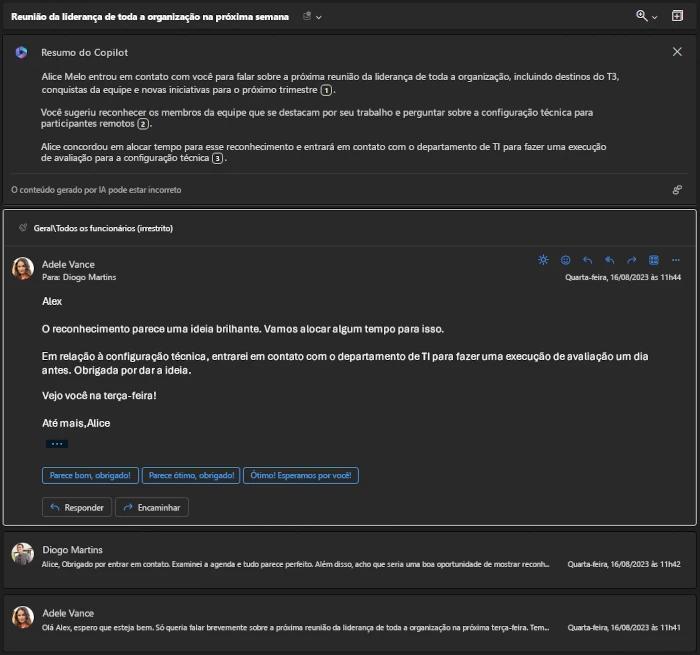 Captura de tela da interface do Outlook exibindo o recurso "Resumo do Copilot" no topo de uma thread de e-mails. O resumo apresenta tópicos numerados sobre uma reunião de liderança, sintetizando as mensagens trocadas entre Adele Vance e Diogo Martins.
