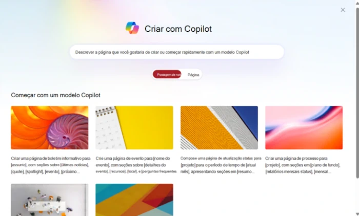 "Criar com Copilot" no Microsoft SharePoint em português. A imagem mostra uma barra de pesquisa para descrever a página desejada e uma seção "Começar com um modelo Copilot" com opções para boletim informativo, página de evento, atualização de status e página de processo, cada uma com miniaturas coloridas e descrições de estrutura.