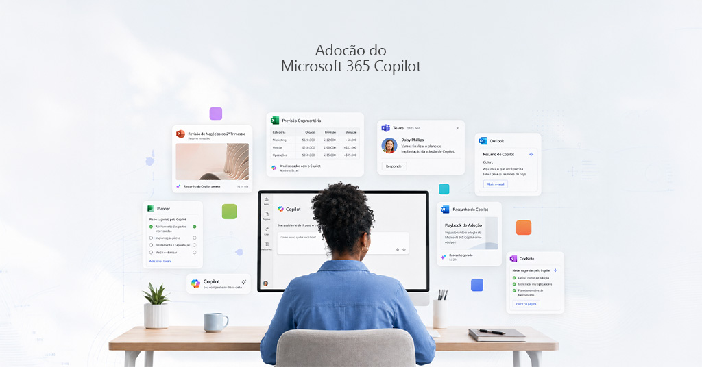 Mulher trabalhando em um computador visualizando o ecossistema de adoção do Microsoft 365 Copilot, com janelas flutuantes do Teams, Excel, Word e Outlook demonstrando tarefas automatizadas por IA.