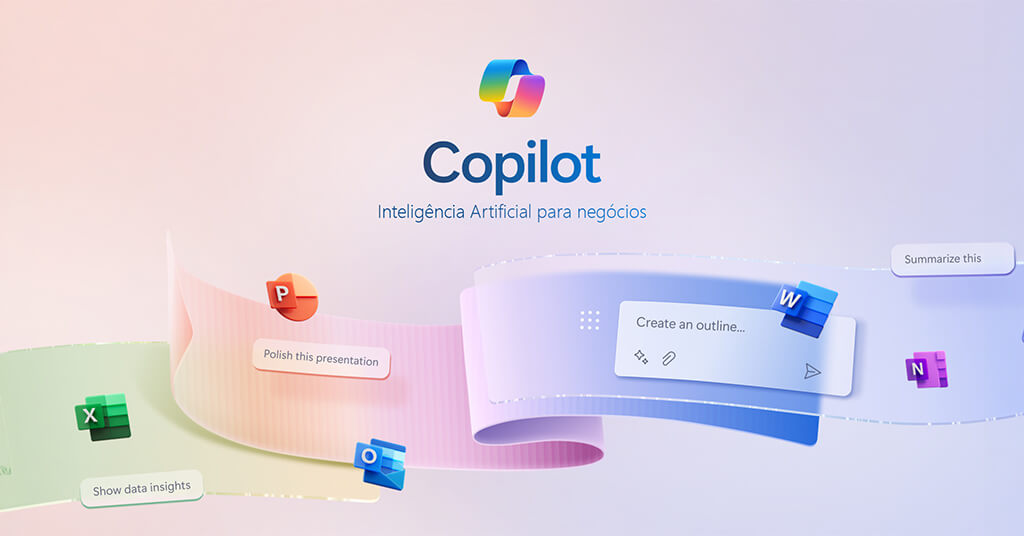 Visão geral da interface do Microsoft 365 Copilot, mostrando integrações com Excel, PowerPoint e Word para tarefas de IA como análise de dados e resumo.